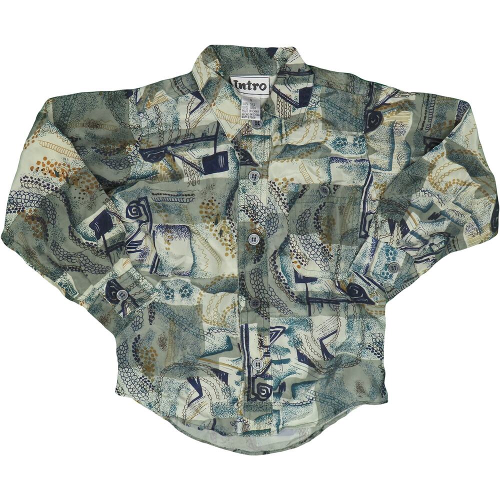 Vintage Intro New Wave Funky Abstract All Over Print Boys Kids 100% Silk Shirt S